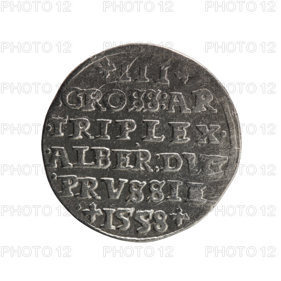 trojak, Albrecht Hohenzollern (Prince of Prussia; 1490–1568) — iconography: towers, male busts in armor. Obverse: male bust in armor in profile turned to the right; short hair, long pointed beard with sideburns; rim inscription beginning with a tower — AL, RDGMAR.BRAN.DVX.PRVSS; pearl border. Reverse: in the pearl border an inscription in six lines +III+/.GROSS:AR./.TRIPLEX./.ALBER:DV, /.PRVSSI, /+1558+; denomination and date between lilac crosses, 1558. Ducal Prussia (1525–1701), Königsberg. Coin: diameter 21.9 mm, weight 2.55 g, axis 270°.