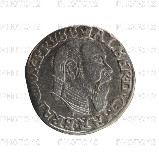 trojak, towers, Albrecht Hohenzollern (Prince of Prussia; 1490–1568) - iconography, male busts in armor. Obv.: male bust in armor in profile turned to the right; short hair, long pointed beard with sideburns. In the rim an inscription beginning with a tower -ALBER.DGMAR.BRA, X.PRVSS; pearl border. Rv.: in the pearl border an inscription in six lines +III, /.GROSS:A, /.TRIPLEX, /.ALBER:DVC./.PRVSSIE./+1558+; denomination and date between lilac crosses, 1558. Königsberg, Ducal Prussia (1525–1701). Coin: diameter 21.6 mm, weight 2.65 g, axis 60°.