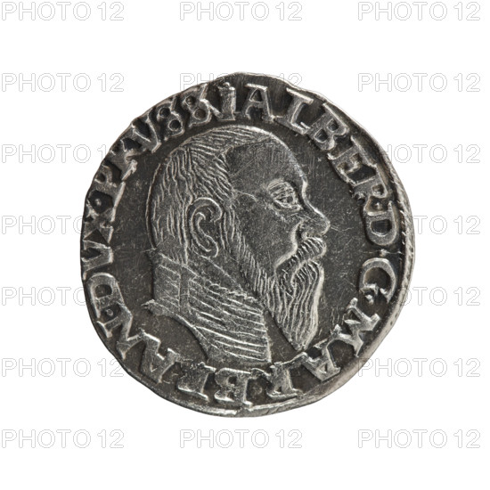 trojak, towers, Albrecht Hohenzollern (Prince of Prussia; 1490–1568) — iconography: male busts in armor. Obverse: male bust in armor in profile turned right; short hair, long pointed beard with sideburns. In the rim an inscription beginning with a tower: 'ALBER.DGMAR.BRAN.DVX.PRVSS' with pearl border. Reverse: in the pearl border an inscription in six lines '+III+/GROSS.AR/.TRIPLEX/.ALBER.DVC./.PRVSSIE,/ +1558+'; the denomination and date are between lilac crosses, 1558. Ducal Prussia (1525–1701), Königsberg. Coin: diameter 21.6 mm, weight 2.63 g, axis 25°.