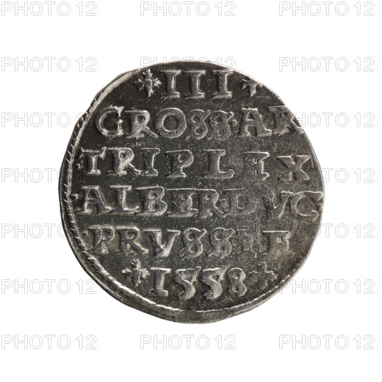 trojak, towers, Albrecht Hohenzollern (Prince of Prussia; 1490–1568) - iconography, male busts in armor. Obv.: male bust in armor in profile turned to the right; short hair, long pointed beard with sideburns. In the rim an inscription beginning with a tower-ALBER.DGMAR.BRAN.DVX.PRVSS; pearl border. Rev.: in the pearl border an inscription in six lines +III+/GROSS.AR/.TRIPLEX/.ALBER.DVC./.PRVSSIE/ +1558+; the denomination and date are between lilac crosses, 1558. Ducal Prussia (1525–1701), Königsberg; coin. Diameter 21.6 mm, weight 2.63 g, axis 25°.
