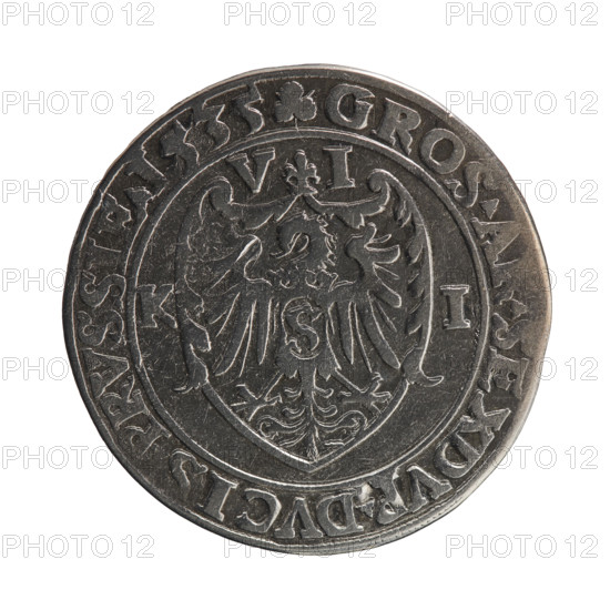 wieczorowy, Decjusz, Jost Ludwik (fl. 1528-1535); Albrecht Hohenzollern (Prince of Prussia; 1490-1568) - iconography: lily, male busts in armour, eagles, Hohenzollern coat of arms. Obv.: Male bust in armour in profile turned to the right; short hair, beard with sideburns. In the rim, between continuous borders, an inscription beginning with the Hohenzollern shield ALBERTVS DG MAR BRAN DVX PRV; between the words plant motifs. Rev.: Shield topped with a lily. The top and sides of the shield decorated with a plant twig. In the shield, a Prussian eagle with the crowned letter S on its breast. Above the shield, on the sides of the lily, the numerals VI; on the sides of the shield KI. In the rim, between continuous borders, an inscription beginning with a floral motif GROS AR SEXDVP DVCIS PRVSSIE 1535; between the words floral motifs. 1535. Ducal Prussia (1525–1701), Königsberg. Coin: diameter 28.7 mm, weight 5.02 g, axis 225°.