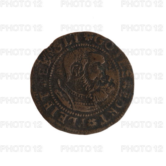 Potocki, Andrzej (1861-1908) - Albrecht Hohenzollern (Prince of Prussia; 1490-1568) - iconography, rosettes, male busts in armor. Obv. Male bust in armor in profile turned to the right; short hair, beard with sideburns. On the rim, between the pearl borders, the inscription GO, S, ORT PLEIBT, GLI Before the legend and between the words the rosette. Rev. In the leafy border, an inscription in six lines, ER GI, /DVE, E, /, IN VND MAS/D, S ICH GVT/T, E VND DA/BOSLA, above and below the arabesque inscription. Date: 1550–1600. Place: Ducal Prussia (1525–1701), Königsberg. Object: token/coin; diameter 24.9 mm; weight 2.12 g; axis 135 degrees.