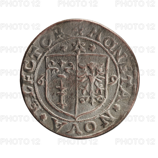 Copy of a grosz, Lippold (for the original). Obverse: Bipartite coat of arms — in the first field a sceptre, in the second the Brandenburg eagle. Above the shield a hexagram between rosettes. On the sides of the shield the date numerals 6–9. On the rim, between the pearl borders, the inscription MONETA*NOVA*ELECTOR. Reverse: Polish eagle with a crowned monogram composed of the letters SA on its breast. On the rim between the pearl borders an inscription beginning with a rosette BRAND, *DVCIS*PRVSSIE. Late 19th/early 20th century copy (original 1569). Coin; diameter 26.0 mm, weight 4.97 g, axis 230°.