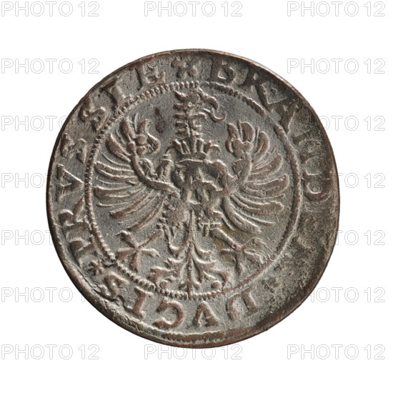Copy of a grosz, Lippold (for the original). Obverse: Bipartite coat of arms — first field a sceptre, second field the Brandenburg eagle. Above the shield a hexagram between rosettes. On the sides of the shield the date numerals 6-9. On the rim between the pearl borders the inscription MONETA*NOVA*ELECTOR. Reverse: Polish eagle; on its breast a crowned monogram composed of the letters SA. On the rim between the pearl borders an inscription beginning with a rosette BRAND, *DVCIS*PRVSSIE. Late 19th/early 20th century (original 1569). Coin, copy. Diameter 26.0 mm; weight 4.97 g; axis 230°.