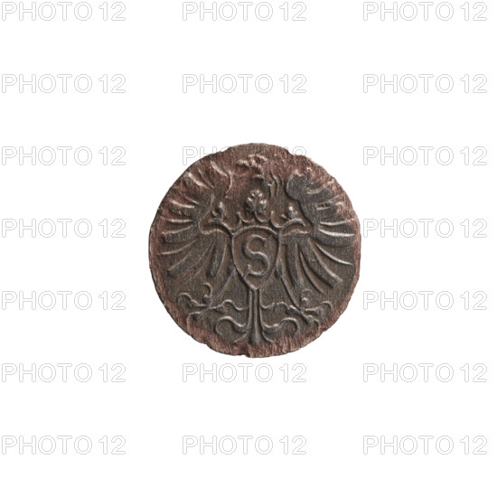 Denarius of Albert Frederick Hohenzollern (1553–1619; Duke of Prussia 1568–1578). Obverse: monogram composed of the letters AF, beneath which the Hohenzollern coat of arms in a decorative shape without hatching; date numerals 7 - I on the sides of the monogram; above the monogram a nine-petalled rosette between circles. Reverse: Prussian eagle with a crowned letter S on its breast; dated 1571, Ducal Prussia (1525–1701), Königsberg. Coin: diameter 11.9 mm, weight 0.29 g, axis 0°.