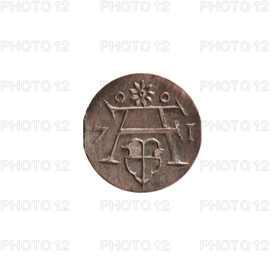 denarius, Albert Frederick Hohenzollern (1553–1619; Duke of Prussia 1568–1578). Obverse: monogram composed of the letters AF, beneath which the Hohenzollern coat of arms in a decorative shape; on the sides of the monogram the date numerals 7 - I; above the monogram a nine-petalled rosette between circles. Reverse: Prussian eagle, on its chest the crowned letter S. 1571, Königsberg, Ducal Prussia (1525–1701). Coin: diameter 12.0 mm, weight 0.33 g, axis 0°.