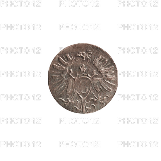 denarius, Albert Frederick Hohenzollern (1553–1619; Duke of Prussia 1568–1578). Obverse: monogram composed of the letters AF, beneath which the Hohenzollern coat of arms in a decorative shape; date numerals 7 - I on the sides of the monogram; above the monogram a nine-petalled rosette between circles. Reverse: Prussian eagle, on its chest the crowned letter S. 1571, Königsberg, Ducal Prussia (1525–1701). Coin; diameter 12.0 mm; weight 0.33 g; axis 0°.