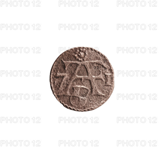 denarius, Albert Frederick Hohenzollern (1553–1619; Duke of Prussia 1568–1578), eagles, Hohenzollern (coat of arms), rosettes. Obv.: On the beaded border a monogram composed of the letters AF, beneath which the Hohenzollern coat of arms; on the sides of the monogram the numerals of the date 7 - I; above the monogram a six-petalled rosette. Rev.: On the beaded border a Prussian eagle, on its chest the crowned letter S; 1571; Ducal Prussia (1525–1701), Königsberg. Coin: diameter 11.3 mm, weight 0.19 g, axis 0°.