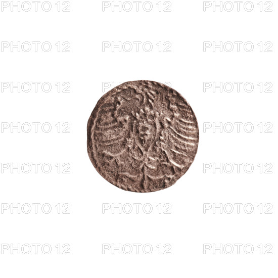 denarius, Albert Frederick Hohenzollern (1553–1619; Duke of Prussia 1568–1578), eagles, Hohenzollern (coat of arms), rosettes. Obv. On the beaded border a monogram composed of the letters AF, beneath which the Hohenzollern coat of arms. On the sides of the monogram are the numerals of the dates 7 - I. Above the monogram a six-petalled rosette. Rev. On the beaded border a Prussian eagle, on its chest the crowned letter S., 1571, Ducal Prussia (1525–1701), Königsberg. Coin: diameter 11.3 mm, weight 0.19 g, axis 0°.