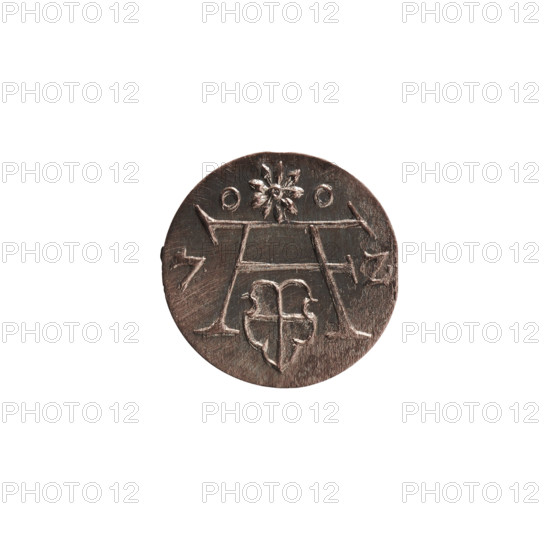 Denarius, Albert Frederick Hohenzollern (1553–1619; Duke of Prussia 1568–1578). Obverse: Monogram composed of the letters AF, beneath which the Hohenzollern coat of arms in a decorative shape without hatching; on the sides of the monogram the date numerals 7 - Z; above the monogram a nine-petalled rosette between circles. Reverse: Prussian eagle with a crowned letter S on its chest, 1572, Ducal Prussia (1525–1701), Königsberg. Coin; diameter 11.9 mm, weight 0.33 g, axis 0°.