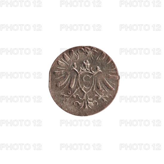 Denarius, Albert Frederick Hohenzollern (1553–1619; Duke of Prussia 1568–1578). Obverse: monogram composed of the letters AF, beneath which the Hohenzollern coat of arms in a decorative shape without hatching; date numerals 7 - Z on the sides of the monogram; above the monogram a nine-petalled rosette between circles. Reverse: Prussian eagle with a crowned letter S on its chest; dated 1572, Ducal Prussia (1525–1701), Königsberg. Coin: diameter 11.9 mm, weight 0.33 g, axis 0°.