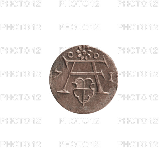 denarius, Albert Frederick Hohenzollern (1553–1619; Duke of Prussia 1568–1578), Obverse: monogram composed of the letters AF, beneath which the Hohenzollern coat of arms in a decorative shape; on the sides of the monogram the numerals of the date 7 - I; above the monogram a nine-petalled rosette between circles. Reverse: Prussian eagle, on its breast the crowned letter S, 1571. Ducal Prussia (1525–1701), Königsberg. Coin: diameter 12.0 mm, weight 0.32 g, axis 0°