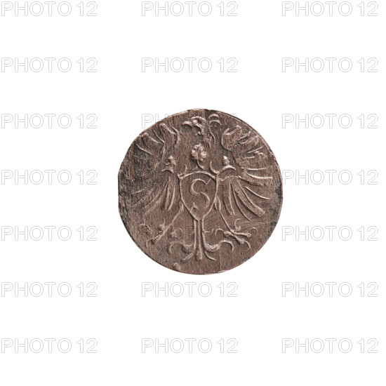 denarius, Albert Frederick Hohenzollern (1553–1619; Duke of Prussia 1568–1578), eagles, Hohenzollern (coat of arms), rosettes. Obverse: monogram composed of the letters AF, beneath which the Hohenzollern coat of arms in a decorative shape; on the sides of the monogram the numerals of the date 7 - I; above the monogram a nine-petalled rosette between circles. Reverse: Prussian eagle, on its breast the crowned letter S., 1571, Ducal Prussia (1525–1701), Königsberg. Coin: diameter 12.0 mm, weight 0.32 g, axis 0°.