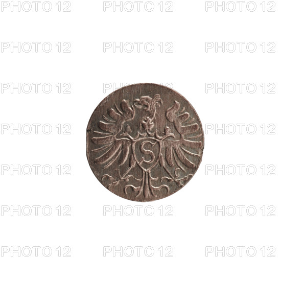 Denarius; obverse: monogram composed of the letters AF, beneath which the Hohenzollern coat of arms in a decorative shape without hatching; on the sides of the monogram are the date numerals 7 - Z; above the monogram a nine-petaled rosette between circles. Reverse: Prussian eagle with a crowned letter S on its breast, 1572. Ducal Prussia (1525–1701), Königsberg. Albert Frederick Hohenzollern (1553–1619; Duke of Prussia 1568–1578). Coin: diameter 11.9 mm, weight 0.34 g, axis 0°.