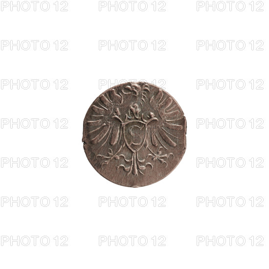 Denarius of Albert Frederick of Hohenzollern (1553–1619; Duke of Prussia 1568–1578). Obverse: monogram composed of the letters AF, beneath which the Hohenzollern coat of arms in a decorative shape; flanking the monogram the numerals of the date 7 - I; above the monogram a nine-petalled rosette between circles. Reverse: Prussian eagle bearing on its chest the crowned letter S; date 1571. Ducal Prussia (1525–1701), Königsberg. Coin: diameter 12.0 mm, weight 0.35 g, axis 0°.
