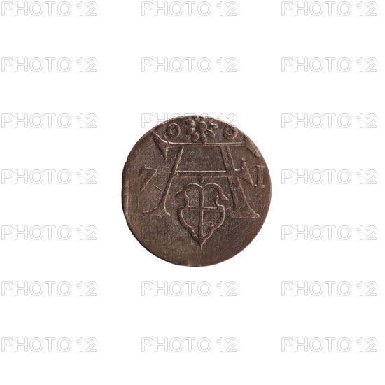 Denarius of Albert Frederick of Hohenzollern (1553–1619; Duke of Prussia 1568–1578). Obverse: monogram composed of the letters AF with the Hohenzollern coat of arms beneath in a decorative shape without hatching; date numerals 7 - I flanking the monogram; above the monogram a nine-petalled rosette between circles. Reverse: Prussian eagle with a crowned letter S on its breast; 1571. Ducal Prussia (1525–1701), Königsberg. Coin: diameter 12.0 mm, weight 0.27 g, axis 0°.