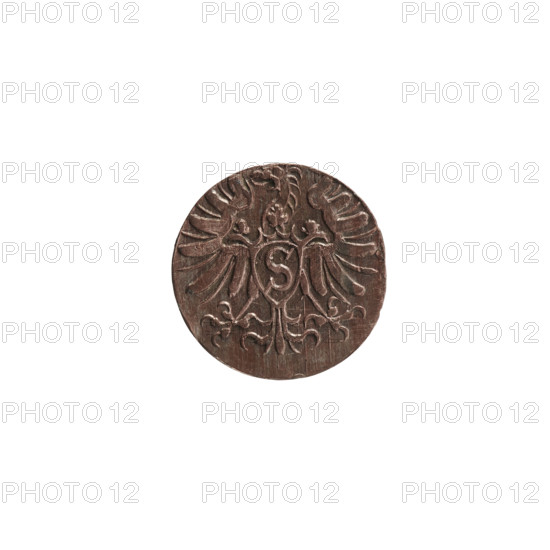 Denarius, Albert Frederick Hohenzollern (1553–1619; Duke of Prussia 1568–1578). Obverse: monogram composed of the letters AF, beneath which the Hohenzollern coat of arms in a decorative shape without hatching; date numerals 7 - 1 on the sides of the monogram; above the monogram a nine-petalled rosette between circles. Reverse: Prussian eagle with a crowned letter S on its breast, dated 1571. Ducal Prussia (1525–1701), Königsberg. Coin: diameter 12.0 mm, weight 0.27 g, axis 0°.