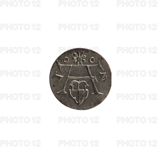 denarius, eagles, Albert Frederick Hohenzollern (1553–1619; Duke of Prussia 1568–1578), rosettes, Hohenzollern coat of arms. Obverse: monogram composed of the letters AF, beneath which the Hohenzollern coat of arms in a decorative shape; on the sides of the monogram the date numerals 7 - Z; above the monogram a nine-petalled rosette between circles. Reverse: Prussian eagle with a crowned letter S on its chest, 1572. Ducal Prussia (1525–1701), Königsberg. Coin: diameter 11.9 mm, weight 0.37 g, axis 0°.