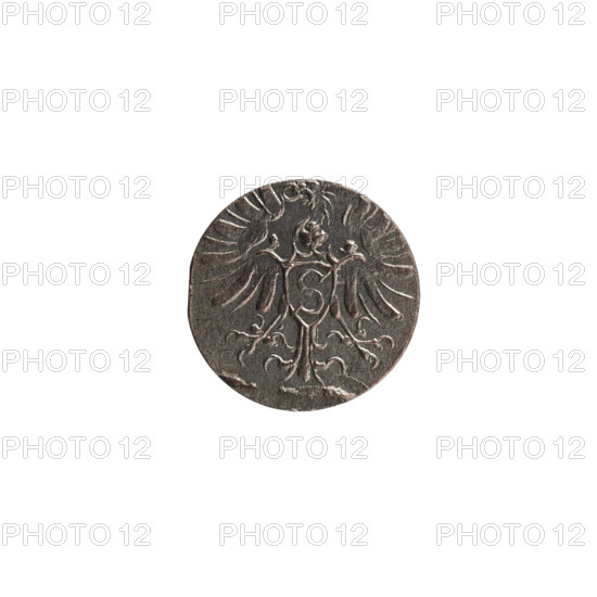 Denarius; obverse: monogram composed of the letters AF beneath the Hohenzollern coat of arms in a decorative shape, flanked by date numerals 7 - Z, with a nine-petalled rosette between circles above the monogram. Reverse: Prussian eagle with a crowned letter S on its chest, dated 1572. Albert Frederick Hohenzollern (1553–1619; Duke of Prussia 1568–1578). Ducal Prussia (1525–1701), Königsberg. Coin: diameter 11.9 mm, weight 0.37 g, axis 0°.