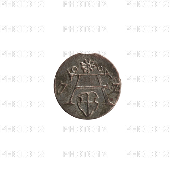 denarius, Albert Frederick Hohenzollern (1553–1619; Duke of Prussia 1568–1578). Obverse: monogram composed of the letters AF, beneath which the Hohenzollern coat of arms in a decorative shape; date numerals 7 - Z on the sides of the monogram; above the monogram, a nine-petalled rosette between circles. Reverse: Prussian eagle, on its breast the crowned letter S; 1572, Ducal Prussia (1525–1701), Königsberg. Coin: diameter 12.0 mm, weight 0.35 g, axis 0°.