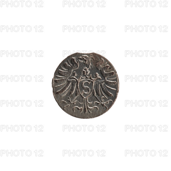 denarius, Albert Frederick Hohenzollern (1553–1619; Duke of Prussia 1568–1578), Obv. Monogram composed of the letters AF, beneath which the Hohenzollern coat of arms in a decorative shape. On the sides of the monogram are the date numerals 7 - Z. Above the monogram, a nine-petalled rosette between circles. Reverse. Prussian eagle, on its breast the crowned letter S., 1572, Ducal Prussia (1525–1701), Königsberg. Coin: diameter 12.0 mm, weight 0.35 g, axis 0°; rosettes, eagles, Hohenzollern (coat of arms).