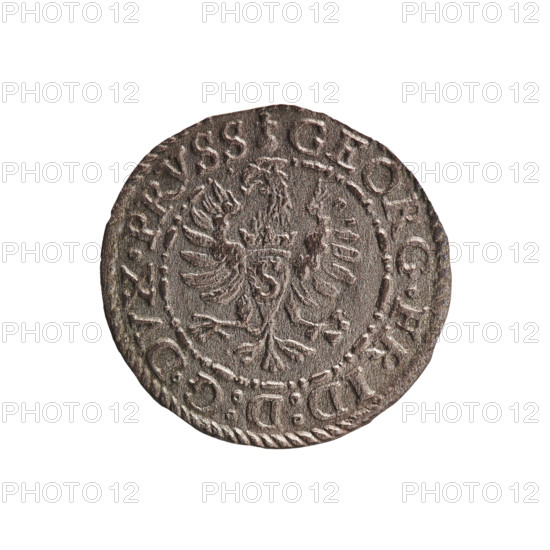 Pawel Trzeciak and Pawel Gulden, publisher. Jerzy Fryderyk (Duke of Karniów; 1539–1603). Obverse: in a border of dots and dashes a Prussian eagle with a crowned letter S on its chest; rim inscription beginning with a ring topped with a cross GEORG.FRID:D:G.DVX.PRVSS; outer border of diagonal dashes. Reverse: monogram composed of the letters GF, beneath it the Hohenzollern coat of arms between two circles; date numerals I5-9I with .III. above the monogram; double border—inner continuous, outer of diagonal lines. 1591. Ducal Prussia (1525–1701), Königsberg. Coin; diameter 15.3 mm; weight 0.66 g; axis 0°.