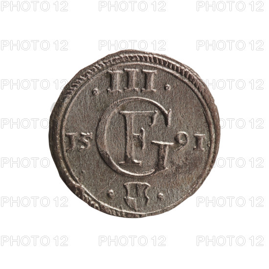 Pawel Trzeciak; publisher: Pawel Gulden. Jerzy Fryderyk (Duke of Karniów; 1539–1603). Obverse: in a border of dots and dashes a Prussian eagle with a crowned letter S on its chest; in the rim an inscription beginning with a ring topped with a cross GEORG.FRID:D:G.DVX.PRVSS; outer border of diagonal dashes. Reverse: monogram composed of the letters GF, under which the Hohenzollern coat of arms between two circles; date numerals I5-9I on the sides of the monogram; above the monogram .III.; double border — inner continuous, outer of diagonal lines. 1591; Ducal Prussia (1525–1701), Königsberg. Coin; diameter 15.3 mm; weight 0.66 g; axis 0°.