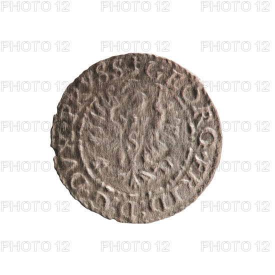 Gulden, Pawel, publisher; Jerzy Fryderyk (Duke of Karniów; 1539–1603). Obverse: in a border of dots and dashes a Prussian eagle with a crowned letter S on its chest; in the rim an inscription beginning with a ring topped with a cross GEORG.FRID:D:G:DVX.PRVSS; outer border of diagonal dashes. Reverse: monogram composed of the letters GF, beneath which the Hohenzollern coat of arms between two points; date numerals I5-93 on the sides of the monogram; above the monogram .III.; double border—inner continuous, outer composed of diagonal lines. 1593. Ducal Prussia (1525–1701), Königsberg. Coin; diameter 15.0 mm; weight 0.43 g; axis 0°.