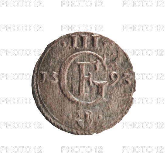 Publisher: Pawel Trzeciak, Gulden. Pawel Gulden. Jerzy Fryderyk (Duke of Karniów; 1539–1603). Obverse: In a border composed of dots and dashes a Prussian eagle, on its chest a crowned letter S. In the rim an inscription beginning with a ring topped with a cross GEORG.FRID:D:G:DVX.PRVSS. Outer border composed of diagonal dashes. Reverse: Monogram composed of the letters GF, beneath which the Hohenzollern coat of arms between two points. On the sides of the monogram, date numerals I5-93. Above the monogram .III. Double border—inner continuous, outer composed of diagonal lines. Date: 1593. Place: Ducal Prussia (1525–1701), Königsberg. Object: coin. Diameter 15.0 mm, weight 0.43 g, axis 0°.