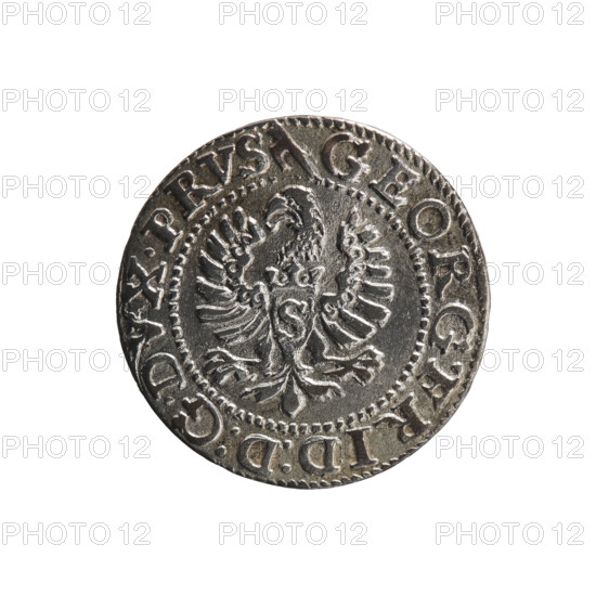 Trzeciak, Anger, Krzysztof (Christoph), publisher; Anger, Krzysztof (Christoph); Jerzy Fryderyk (Duke of Karniów; 1539–1603). Obverse: In a beaded border a Prussian eagle with a crowned letter S on its chest. In the rim an inscription beginning with a hook GEORG.FRID:D:G.DVX.PRVS. Outer border composed of diagonal lines. Reverse: Monogram composed of the letters GF, below which the Hohenzollern coat of arms between two points. On the sides of the monogram are the date numerals I5-94. Above the monogram .III. separating the continuous inner border. Outer border composed of diagonal lines. 1594. Ducal Prussia (1525–1701), Königsberg. Coin; diameter 15.0 mm; weight 0.73 g; axis 0°.