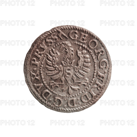 Trzeciak, Anger, Krzysztof (Christoph), publisher; Anger, Krzysztof (Christoph); Jerzy Fryderyk (Duke of Karniów; 1539–1603). Obverse: In a beaded border a Prussian eagle, on its chest a crowned letter S. In the rim an inscription beginning with a hook GEORG.FRID:D:G.DVX.PRVSS. Outer border composed of diagonal lines. Reverse: Monogram composed of the letters GF, below which the Hohenzollern coat of arms between two points. On the sides of the monogram are the date numerals I5-95. Above the monogram .III. separating the continuous inner border. Outer border composed of diagonal lines. 1595. Ducal Prussia (1525–1701), Königsberg. Coin; diameter 15.4 mm; weight 0.56 g; axis 0°.