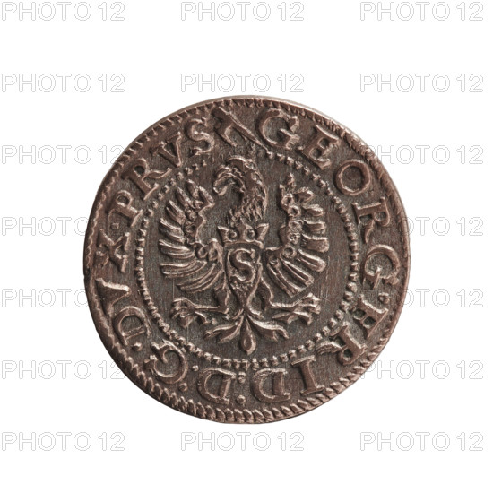 Trzeciak, Anger, Krzysztof (Christoph), publisher; Jerzy Fryderyk (Duke of Karniów; 1539–1603). Obverse: In a beaded border a Prussian eagle with a crowned letter S on its chest; in the rim an inscription beginning with GEORG.FRID:D:G.DVX.PRVS; outer border composed of diagonal lines. Reverse: Monogram composed of the letters GF, below which the Hohenzollern coat of arms between two points; date numerals I5-94 on the sides of the monogram; above the monogram .III.; double border—inner continuous, outer composed of diagonal lines. 1594; Ducal Prussia (1525–1701), Königsberg. Coin; diameter 15.4 mm; weight 0.77 g; axis 0°.