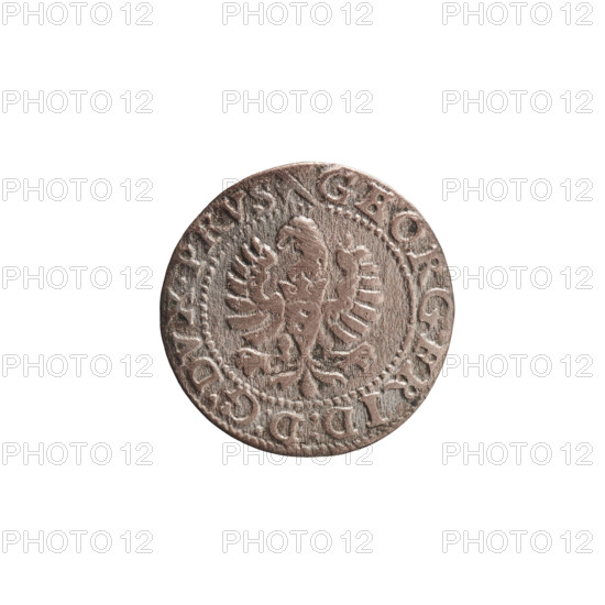 Trzeciak, Anger, Krzysztof (Christoph), publisher; Jerzy Fryderyk (Duke of Karniów; 1539–1603). Coin, 1594, Ducal Prussia (1525–1701), Königsberg. Obverse: in a beaded border a Prussian eagle bearing on its chest a crowned letter S; rim inscription beginning with GEORG.FRID:D:G.DVX.PRVS; outer border of diagonal lines. Reverse: monogram composed of the letters GF with the Hohenzollern coat of arms below between two points; date numerals I5-94 on the sides of the monogram; above the monogram .III. separating the continuous inner border; outer border of diagonal lines. Diameter 14.9 mm; weight 0.61 g; axis 0°.