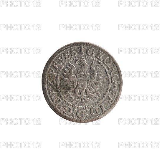Obverse: In a border composed of dots and dashes a Prussian eagle, on its chest a crowned letter S. In the rim an inscription beginning with a ring topped with a cross GEORG.FRID:D:G:DVX.PRVSS. Outer border composed of diagonal dashes. Reverse: Monogram composed of the letters GF, beneath which the Hohenzollern coat of arms between two circles. On the sides of the monogram, date numerals I5-86. Above the monogram .III. Double border — inner continuous, outer composed of diagonal lines. Coin, 1586, Ducal Prussia (1525–1701), Königsberg; maker Pawel Gulden (publisher); Jerzy Fryderyk (Duke of Karniów; 1539–1603). Diameter 15.3 mm, weight 0.70 g, axis 0°.
