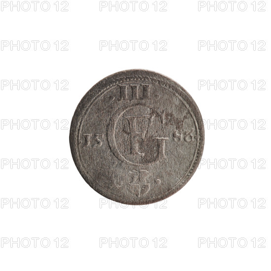 Gulden, Pawel, publisher; Jerzy Fryderyk (Duke of Karniów; 1539–1603). Obverse: in a border of dots and dashes a Prussian eagle with a crowned letter S on its chest; rim inscription beginning with a ring topped with a cross GEORG.FRID:D:G:DVX.PRVSS; outer border of diagonal dashes. Reverse: monogram GF with the Hohenzollern coat of arms beneath, between two circles; date numerals 1586 (I5-86) flanking the monogram; above the monogram .III.; double border—inner continuous, outer composed of diagonal lines. 1586; Ducal Prussia (1525–1701), Königsberg. Coin; diameter 15.3 mm; weight 0.70 g; axis 0°.
