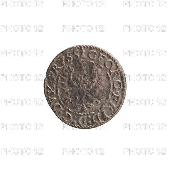 Publisher: Pawel Trzeciak; maker: Pawel Gulden. Jerzy Fryderyk (Duke of Karniów; 1539–1603). 1591. Ducal Prussia (1525–1701), Königsberg. Coin (diameter 15.2 mm; weight 0.49 g; axis 0°). Obverse: in a border of dots and dashes, a Prussian eagle bearing on its chest a crowned letter S; rim inscription beginning with a ring topped with a cross GEORG.FRID:D:G.DVX.PRVSS; outer border of diagonal dashes. Reverse: monogram composed of letters GF, below it the Hohenzollern coat of arms between two circles; date numerals I5-9I flanking the monogram; above the monogram .III.; double border — inner continuous, outer diagonal lines. Eagles; Hohenzollern coat of arms.