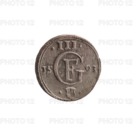 Gulden, Pawel, publisher; Jerzy Fryderyk (Duke of Karniów; 1539–1603). Obverse: in a border of dots and dashes a Prussian eagle with a crowned letter S on its chest; in the rim an inscription beginning with a ring topped with a cross GEORG.FRID:D:G.DVX.PRVSS; outer border composed of diagonal dashes. Reverse: monogram composed of the letters GF, below which the Hohenzollern coat of arms between two circles; date numerals I5-9I on the sides of the monogram; above the monogram .III.; double border — inner continuous, outer composed of diagonal lines. 1591; Ducal Prussia (1525–1701), Königsberg. Coin: diameter 15.2 mm, weight 0.49 g, axis 0°.