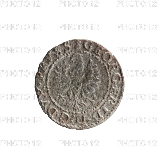 Obverse: In a border composed of dots and dashes a Prussian eagle, on its chest a crowned letter S. In the rim an inscription beginning with a ring topped with a cross GEORG.FRID:D:G.DVX.PRVSS. Outer border composed of diagonal dashes. Reverse: Monogram composed of the letters GF, below which the Hohenzollern coat of arms between two circles. On the sides of the monogram are the date numerals I5-9I. Above the monogram .III. separating the continuous inner border. Outer border composed of diagonal lines. Maker/publisher: Pawel Gulden (Trzeciak?). Subject/figures: Jerzy Fryderyk (Duke of Karniów; 1539–1603), eagles, Hohenzollern coat of arms. Date: 1591. Place: Ducal Prussia, Königsberg. Object: coin; diameter 15.1 mm; weight 0.54 g; axis 0°.
