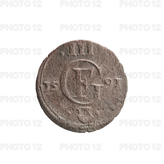 Trzeciak, Gulden, Pawel, publisher, Gulden, Pawel, Jerzy Fryderyk (Duke of Karniów; 1539-1603), eagles, Hohenzollern (coat of arms). Obv.: In a border composed of dots and dashes a Prussian eagle, on its chest a crowned letter S. In the rim an inscription beginning with a ring topped with a cross GEORG.FRID:D:G.DVX.PRVSS. Outer border composed of diagonal dashes. Rv.: Monogram composed of the letters GF, below which the Hohenzollern coat of arms between two circles. On the sides of the monogram are the date numerals I5-9I. Above the monogram .III. separating the continuous inner border. Outer border composed of diagonal lines. 1591. Ducal Prussia (1525-1701), Königsberg. Coin: diameter 15.1 mm, weight 0.54 g, axis 0°.