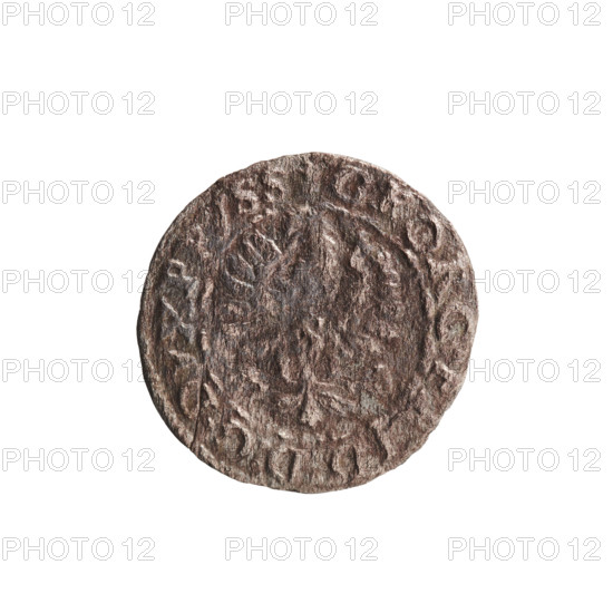Trzeciak, Gulden, Pawel, publisher; Gulden, Pawel. Jerzy Fryderyk (Duke of Karniów; 1539–1603). Eagles. Obverse: In a beaded border a Prussian eagle, on its chest a crowned letter S; in the rim an inscription beginning with a ring topped with a cross GEORG.FRID, D:G.DVX.PRVSS. Outer border composed of diagonal lines. Reverse: Monogram composed of the letters GF, below which the Hohenzollern coat of arms between two circles; date numerals I5-93 on the sides of the monogram; above the monogram .III. separating the continuous inner border. Outer border composed of diagonal lines. 1593. Ducal Prussia (1525–1701), Königsberg. Coin; diameter 15.1 mm; weight 0.52 g; axis 0°.