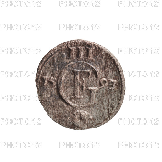 Publisher: Pawel Trzeciak (Gulden). Jerzy Fryderyk (Duke of Karniów; 1539–1603). Obverse: In a beaded border a Prussian eagle with a crowned letter S on its chest; rim inscription beginning with a ring topped with a cross GEORG.FRID, D:G.DVX.PRVSS. Outer border composed of diagonal lines. Reverse: Monogram composed of the letters GF, below which the Hohenzollern coat of arms between two circles; date numerals I5-93 on the sides of the monogram; above the monogram .III. separating the continuous inner border. Outer border composed of diagonal lines. 1593. Ducal Prussia (1525–1701), Königsberg. Coin; diameter 15.1 mm; weight 0.52 g; axis 0°.