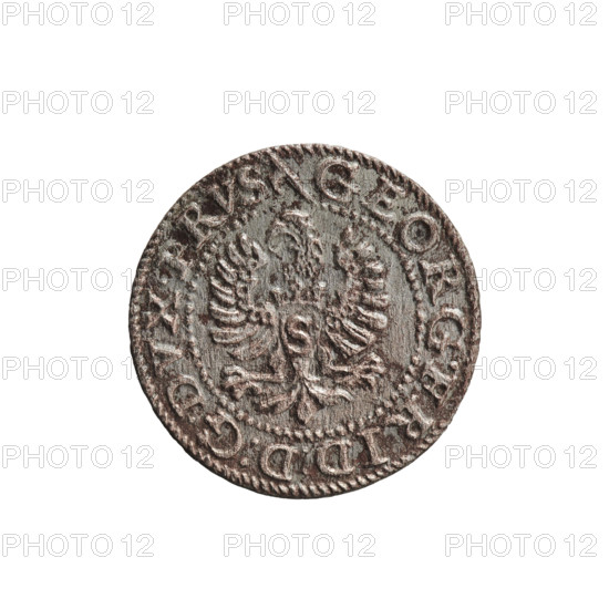 Trzeciak, Anger, Krzysztof (Christoph), publisher; Anger, Krzysztof (Christoph); Jerzy Fryderyk (Duke of Karniów; 1539–1603). Obv.: In a beaded border a Prussian eagle, on its chest a crowned letter S; in the rim an inscription beginning with a hook GEORG.FRID:D:G.DVX.PRVS. Outer border composed of diagonal lines. Rv.: Monogram composed of the letters GF, below which the Hohenzollern coat of arms between two circles; on the sides of the monogram are the date numerals I5-94; above the monogram .III. Double border — inner continuous, outer composed of diagonal lines. 1594. Ducal Prussia (1525–1701), Königsberg. Coin; diameter 15.5 mm; weight 0.59 g; axis 0°.