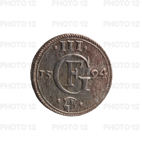 Publisher: Trzeciak, Anger, Krzysztof (Christoph); maker: Anger, Krzysztof (Christoph). Subject/motif: Jerzy Fryderyk (Duke of Karniów; 1539–1603); Prussian eagle; Hohenzollern coat of arms; monogram GF. Description: Obverse: in a beaded border a Prussian eagle with a crowned letter S on its chest; rim inscription beginning with GEORG.FRID:D:G.DVX.PRVS; outer border composed of diagonal lines. Reverse: monogram composed of the letters GF, below which the Hohenzollern coat of arms between two circles; date numerals I5-94 on the sides of the monogram; above the monogram .III.; double border—inner continuous, outer composed of diagonal lines. Date: 1594. Place: Ducal Prussia (1525–1701), Königsberg. Object: coin. Measurements: diameter 15.5 mm; weight 0.59 g; axis 0°.