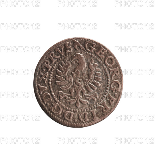 Trzeciak, Anger, Krzysztof (Christoph), publisher; Jerzy Fryderyk (Duke of Karniów; 1539–1603). Obverse: In a beaded border a Prussian eagle, on its chest a crowned letter S. In the rim an inscription beginning with a hook GEORG.FRID:D:G.DVX.PRVS. Outer border composed of diagonal lines. Reverse: Monogram composed of the letters GF, below which the Hohenzollern coat of arms between two circles. On the sides of the monogram are the date numerals I5-94. Above the monogram .III. dividing the inner border. Double border — inner continuous, outer composed of diagonal lines. 1594. Ducal Prussia (1525–1701), Königsberg. Coin: diameter 15.3 mm, weight 0.65 g, axis 0°.