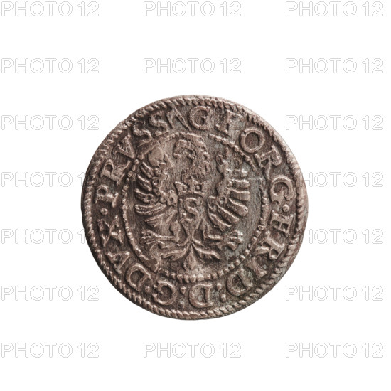 Trzeciak, Anger, Krzysztof (Christoph), publisher; Jerzy Fryderyk (Duke of Karniów; 1539–1603). Obverse: In a beaded border a Prussian eagle with a crowned letter S on its chest; in the rim an inscription beginning with GEORG.FRID:D:G.DVX.PRVSS; outer border of diagonal lines. Reverse: Monogram composed of the letters GF, below which the Hohenzollern coat of arms between two circles; date numerals I5-95 on the sides of the monogram; above the monogram .III. separating the continuous inner border; outer border of diagonal lines. 1595. Ducal Prussia (1525–1701), Königsberg. Coin; diameter 15.4 mm; weight 0.66 g; axis 0°.