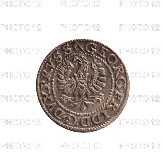 Trzeciak, Anger, Krzysztof (Christoph), publisher; Jerzy Fryderyk (Duke of Karniów; 1539–1603). Obverse: in a beaded border a Prussian eagle with a crowned letter S on its chest; in the rim an inscription beginning with GEORG.FRID:D:G.DVX.PRVSS; outer border composed of diagonal lines. Reverse: monogram composed of the letters GF, below which the Hohenzollern coat of arms between two circles; date numerals I5-96 on the sides of the monogram; above the monogram .III. separating the continuous inner border; outer border composed of diagonal lines. 1596. Ducal Prussia (1525–1701), Königsberg. Coin; diameter 15.3 mm, weight 0.70 g, axis 0°.