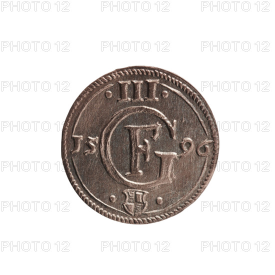 Trzeciak, Anger, Krzysztof (Christoph), publisher; Jerzy Fryderyk (Duke of Karniów; 1539–1603). Obverse: in a beaded border a Prussian eagle bearing on its chest a crowned letter S; in the rim an inscription beginning with GEORG.FRID:D:G.DVX.PRVSS; outer border composed of diagonal lines. Reverse: monogram composed of the letters GF, below which the Hohenzollern coat of arms between two circles; date numerals I5-96 on the sides of the monogram; above the monogram .III. separating the continuous inner border; outer border composed of diagonal lines. 1596. Ducal Prussia (1525–1701), Königsberg. Coin; diameter 15.3 mm, weight 0.70 g, axis 0°.