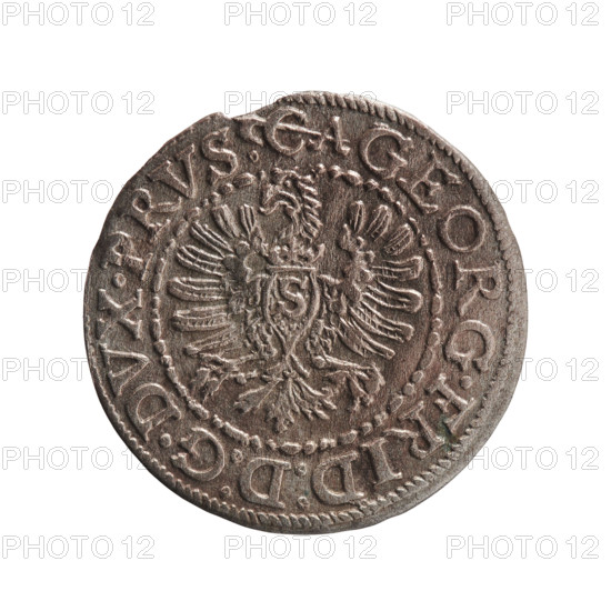 szelag; publisher: Krzysztof (Christoph) Anger; issuer: Jerzy Fryderyk (Duke of Karniów; 1539–1603). Obverse: in a border of dots and lines a Prussian eagle with a crowned letter S on its chest; rim inscription beginning with a hook and reading CA GEORG.FRID:D:G.DVX.PRVS; outer border of diagonal lines. Reverse: in a double border (inner pearly, outer of dots and dashes) a monogram composed of the letters GF; rim inscription divided by the Hohenzollern coat of arms beginning with a rosette SOLIDVS.PRV - SSIAE.I595; outer border of diagonal dashes. 1595; Ducal Prussia (1525–1701), Königsberg. Coin; diameter 18.6 mm; weight 0.96 g; axis 0°.