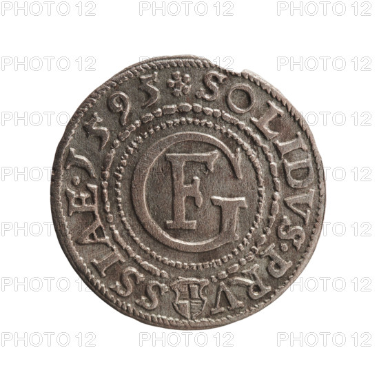 szelag; Anger, Krzysztof (Christoph), publisher; Anger, Krzysztof (Christoph); Jerzy Fryderyk (Duke of Karniów; 1539–1603); eagles; rosettes; Hohenzollern (coat of arms). Obv.: In a border composed of dots and lines a Prussian eagle, on its chest a crowned letter S. In the rim an inscription beginning with a hook with the letters CA GEORG.FRID:D:G.DVX.PRVS; outer border composed of diagonal lines. Rv.: In a double border (inner pearly, outer composed of dots and dashes) a monogram composed of the letters GF. In the rim an inscription divided by the Hohenzollern coat of arms beginning with a rosette SOLIDVS.PRV - SSIAE.I595; outer border composed of diagonal dashes. 1595; Ducal Prussia (1525–1701), Königsberg; coin; diameter 18.6 mm; weight 0.96 g; axis 0°.