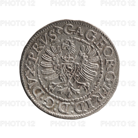 szelag; Anger, Krzysztof (Christoph), publisher; Anger, Krzysztof (Christoph); Jerzy Fryderyk (Duke of Karniów; 1539–1603); eagles; Hohenzollern (coat of arms); rosettes. Obv.: In a border composed of dots and dashes, a Prussian eagle with a crowned letter S on its chest. In the rim an inscription beginning with a hooked letter: CA GEORG.FRID:D:G.DVX.PRVS; outer border of diagonal dashes. Rev.: In a double beaded border, a monogram composed of the letters GF. In the rim an inscription divided by the Hohenzollern coat of arms beginning with a rosette: SOLIDVS.PRV - SSIAE. I594. 1594; Königsberg, Ducal Prussia (1525–1701). Coin; diameter 18.5 mm; weight 0.98 g; axis 0°.